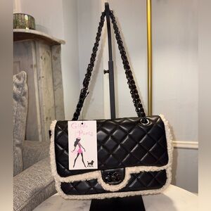 Gilda Paris Black Quilted Fur Baguette Chain Strap Shoulder Bag (NWT)